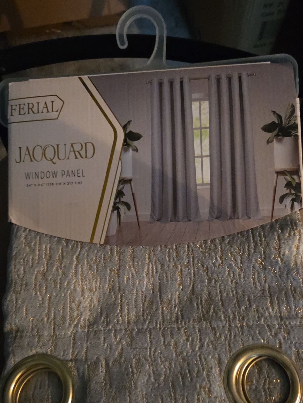 Jacquard Window Panel Curtain - Light Gray with Gold Accents